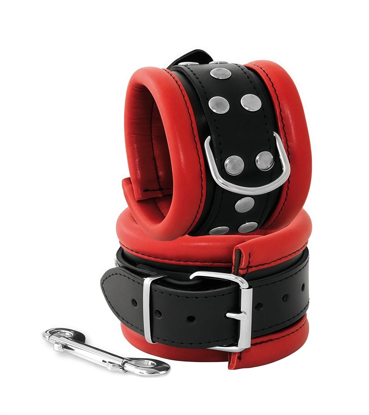 PADDED GENIUNE LEATHER RESTRAINTS BLACK/RED