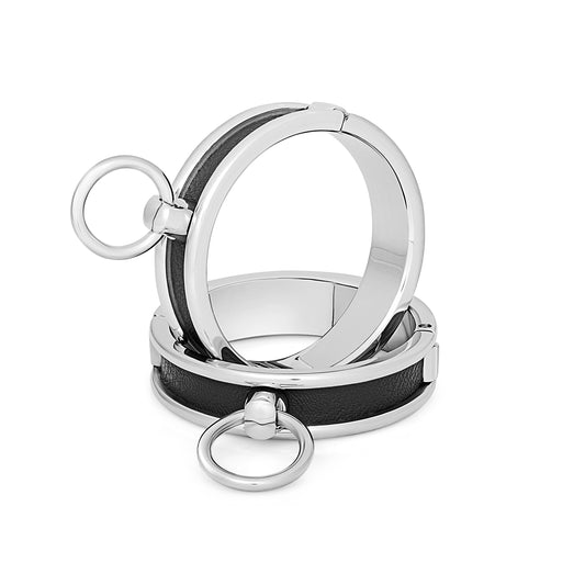 Premium Stainless Steel BDSM Handcuffs – Leather-Lined Restraint with O-Ring Detail