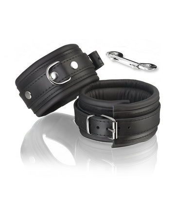 Luxury Ultra-Padded Leather Restraint Cuffs with Snap Connector - All Black