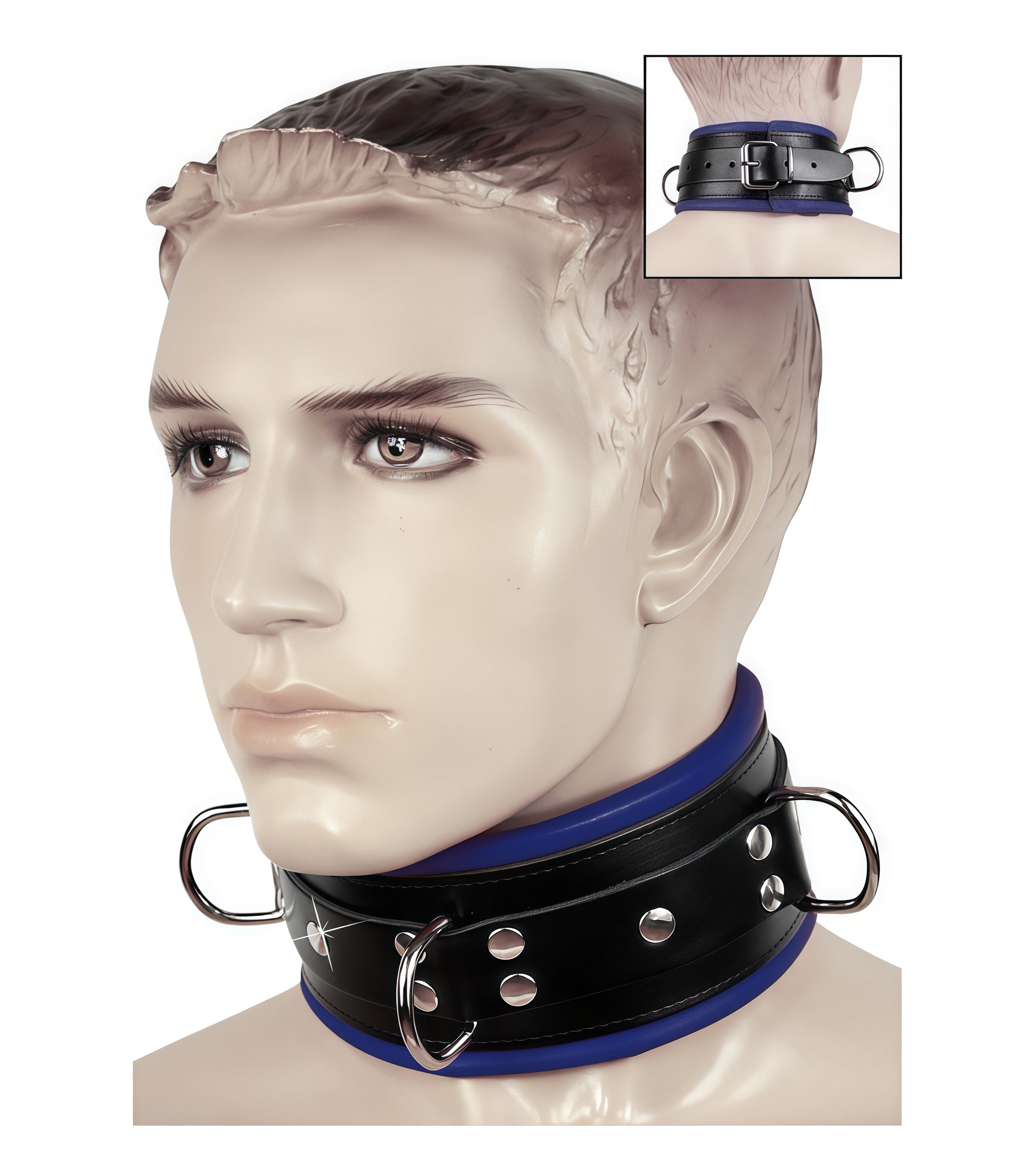 Padded Leather O-Ring Collar – Black with Blue & Red Trim