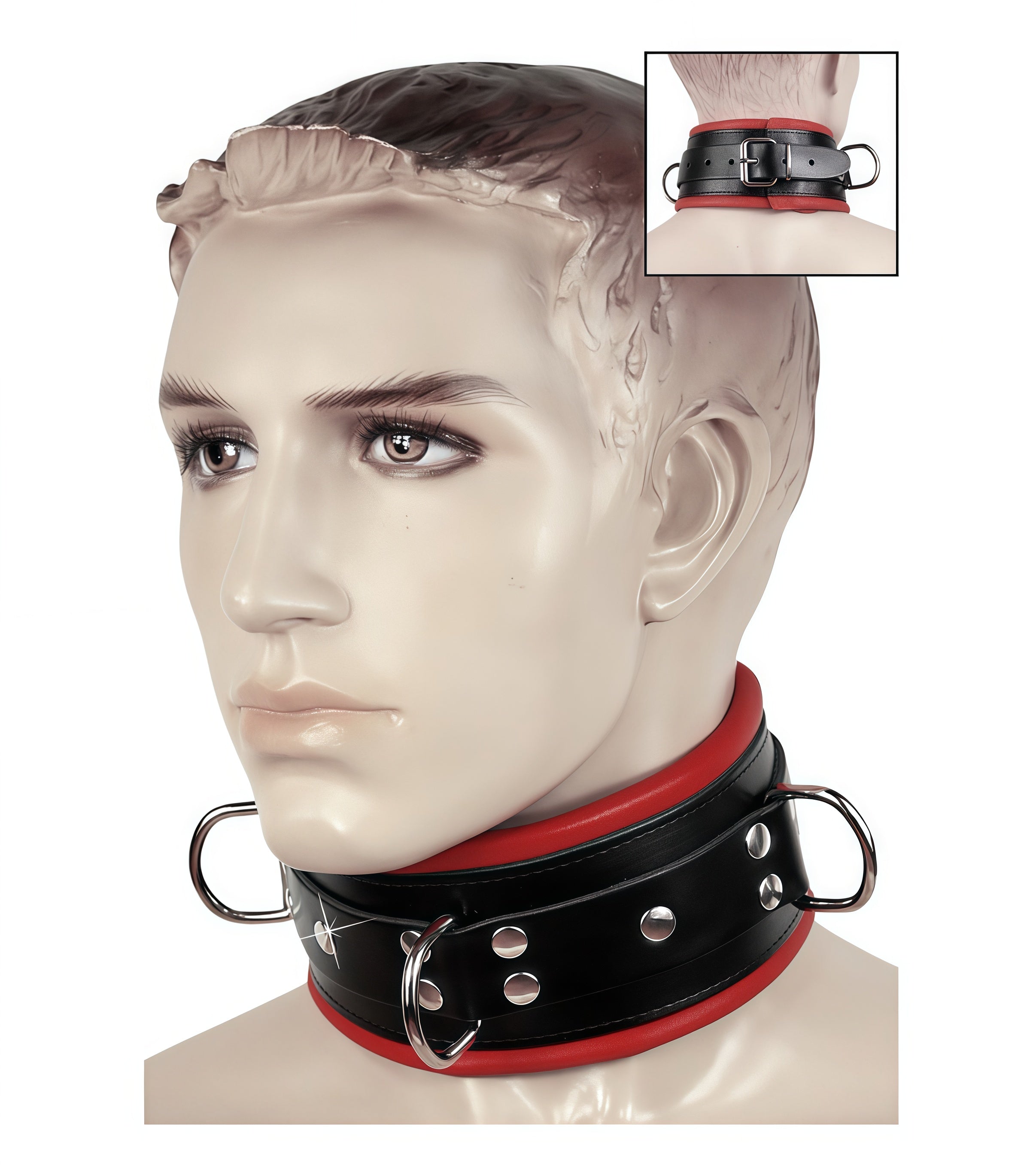 Padded Leather O-Ring Collar – Black with Blue & Red Trim